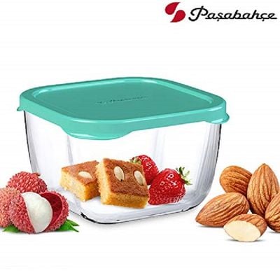 Pasabahce Snowbox Glass Food Container, 760 ml, Green Lid, 69 mm Height, 130 mm 