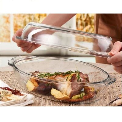 Borcam Oval Glass Baking Casserole With Lid, 1800 ml Tray + 1800 ml Lid Capacity, 110 mm Height, 340x195 mm Diameter, Clear