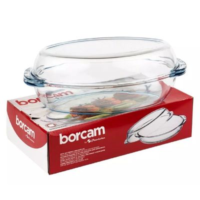 Borcam Oval Glass Baking Casserole With Lid, 1800 ml Tray + 1800 ml Lid Capacity, 110 mm Height, 340x195 mm Diameter, Clear