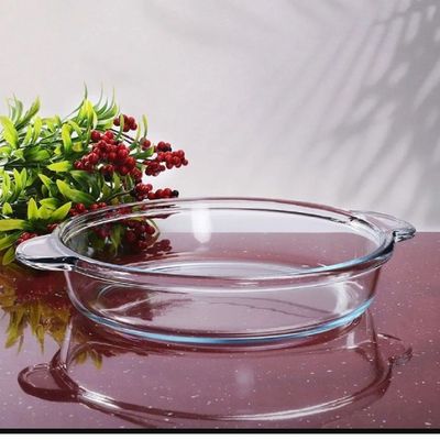 Borcam Round Glass Baking Tray With Handles, 1850 ml Capacity, 54 mm Height, 309X256 mm Diameter, Clear