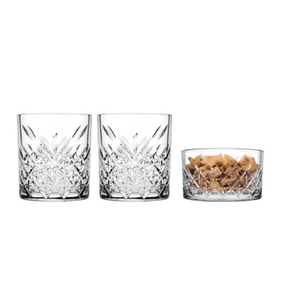 Pasabahce 3-Piece Timeless Whisky Gift Set, 2 Piece Glass 345 ml & 1 Piece Bowl 210 ml, Clear