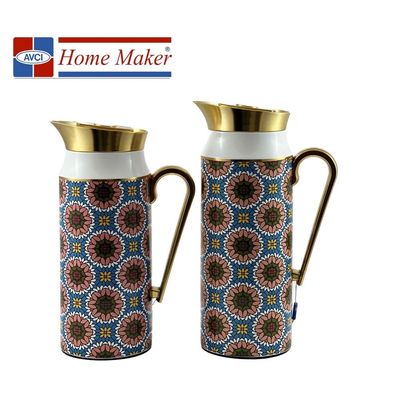 2-Piece Tea & Coffee Flask - 0.75 Liter & 1 Liter Capacity - Glass Inner - Steel Body - Multicolor Desing - Gold Handle