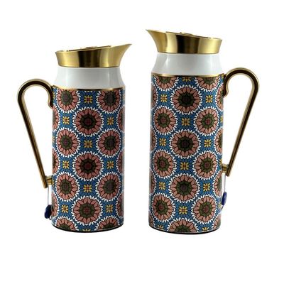 2-Piece Tea & Coffee Flask - 0.75 Liter & 1 Liter Capacity - Glass Inner - Steel Body - Multicolor Desing - Gold Handle