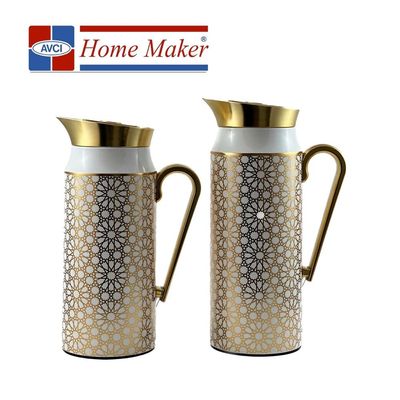 2-Piece Tea & Coffee Flask - 0.75 Liter & 1 Liter Capacity - Glass Inner - Steel Body - Gold & White Desing - Gold Handle 