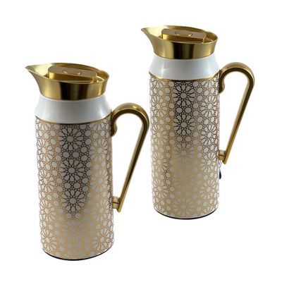 2-Piece Tea & Coffee Flask - 0.75 Liter & 1 Liter Capacity - Glass Inner - Steel Body - Gold & White Desing - Gold Handle 