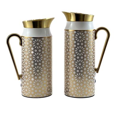 2-Piece Tea & Coffee Flask - 0.75 Liter & 1 Liter Capacity - Glass Inner - Steel Body - Gold & White Desing - Gold Handle 