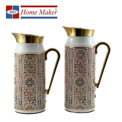 2-Piece Tea & Coffee Flask - 0.75 Liter & 1 Liter Capacity - Glass Inner - Steel Body - Multicolor Desing - Gold Handle