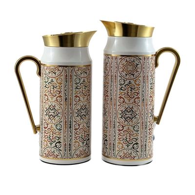 2-Piece Tea & Coffee Flask - 0.75 Liter & 1 Liter Capacity - Glass Inner - Steel Body - Multicolor Desing - Gold Handle