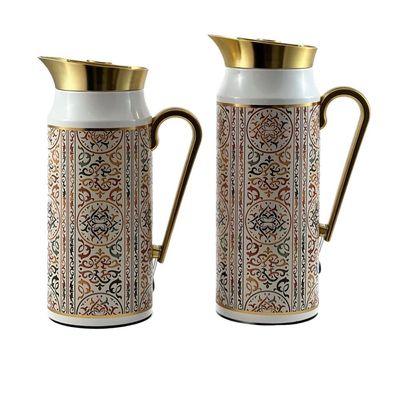 2-Piece Tea & Coffee Flask - 0.75 Liter & 1 Liter Capacity - Glass Inner - Steel Body - Multicolor Desing - Gold Handle