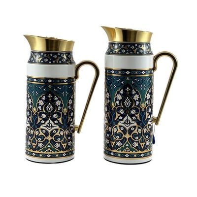 2-Piece Tea & Coffee Flask - 0.75 Liter & 1 Liter Capacity - Glass Inner - Steel Body - Multicolor Desing - Gold Handle