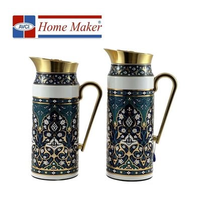 2-Piece Tea & Coffee Flask - 0.75 Liter & 1 Liter Capacity - Glass Inner - Steel Body - Multicolor Desing - Gold Handle