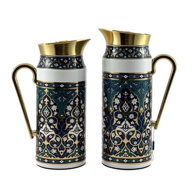 2-Piece Tea & Coffee Flask - 0.75 Liter & 1 Liter Capacity - Glass Inner - Steel Body - Multicolor Desing - Gold Handle