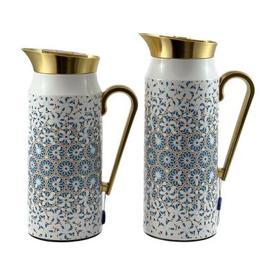 2-Piece Tea & Coffee Flask - 0.75 Liter & 1 Liter Capacity - Glass Inner - Steel Body - Multicolor Desing - Gold Handle