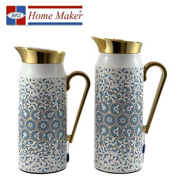 2-Piece Tea & Coffee Flask - 0.75 Liter & 1 Liter Capacity - Glass Inner - Steel Body - Multicolor Desing - Gold Handle