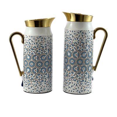 2-Piece Tea & Coffee Flask - 0.75 Liter & 1 Liter Capacity - Glass Inner - Steel Body - Multicolor Desing - Gold Handle