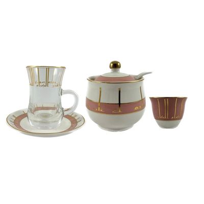 20-Piece Tea & Coffee Cups Set - 6 Tea Glass - 6 Coffee Cups - 6 Saucer - Sugar Bowl & Spoon - White & Clear & Pink & Gold