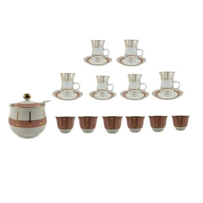 20-Piece Tea & Coffee Cups Set - 6 Tea Glass - 6 Coffee Cups - 6 Saucer - Sugar Bowl & Spoon - White & Clear & Pink & Gold