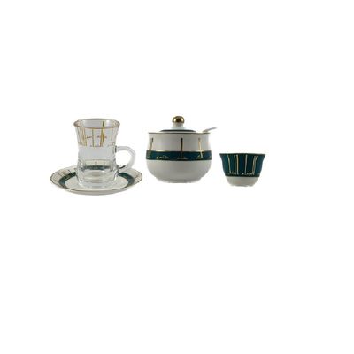 20-Piece Tea & Coffee Cups Set - 6 Tea Glass - 6 Coffee Cups - 6 Saucer - Sugar Bowl & Spoon - White & Clear & Petrol Green & Gold