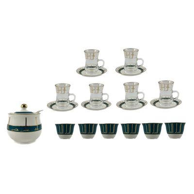 20-Piece Tea & Coffee Cups Set - 6 Tea Glass - 6 Coffee Cups - 6 Saucer - Sugar Bowl & Spoon - White & Clear & Petrol Green & Gold