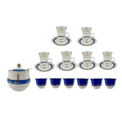 20-Piece Tea & Coffee Cups Set - 6 Tea Glass - 6 Coffee Cups - 6 Saucer - Sugar Bowl & Spoon - White & Clear & Blue & Gold