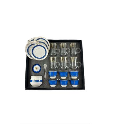 20-Piece Tea & Coffee Cups Set - 6 Tea Glass - 6 Coffee Cups - 6 Saucer - Sugar Bowl & Spoon - White & Clear & Blue & Gold