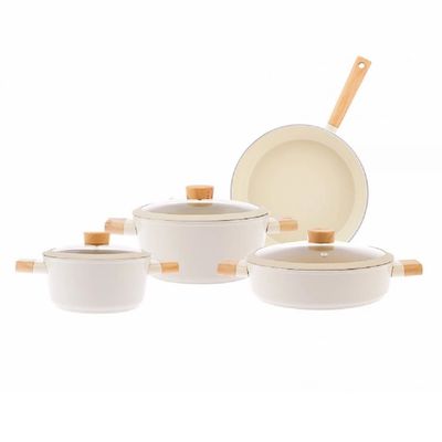 7-Pieces Swiss Crystal High Quality Ceramic Coating Non-Stick Cookware Set - Glass Lids With Protective Silicon Edge - Natural Wood Handles and Knobs - 2 Deep & 1 Low Casseroles - 1 Frypan - Beige 