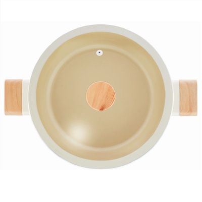 Swiss Crystal High Quality Ceramic Coating Non-Stick Casserole - 18cm- Glass Lid With Protective Silicon Edge - Natural Wood Handles and Knob - Beige