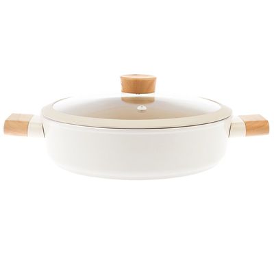 Swiss Crystal High Quality Ceramic Coating Non-Stick Low Casserole - 22cm- Glass Lid With Protective Silicon Edge - Natural Wood Handles and Knob - Beige