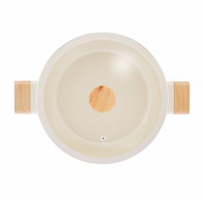 Swiss Crystal High Quality Ceramic Coating Non-Stick Low Casserole - 22cm- Glass Lid With Protective Silicon Edge - Natural Wood Handles and Knob - Beige