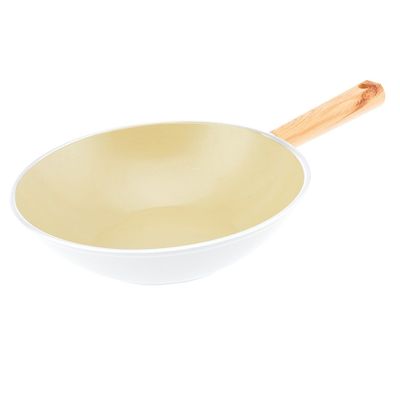 Swiss Crystal High Quality Ceramic Coating Non-Stick Wok Pan - 28cm - Natural Wood Handle - Beige