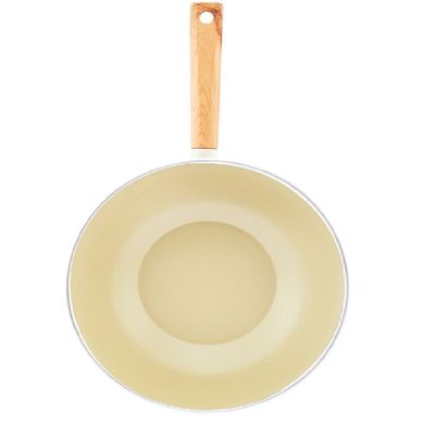 Swiss Crystal High Quality Ceramic Coating Non-Stick Wok Pan - 28cm - Natural Wood Handle - Beige