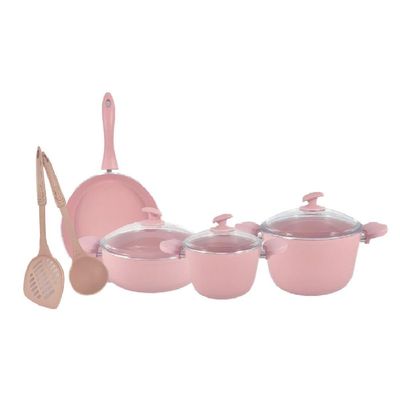 Home Maker 9-Piece Hella Cookware Set - Tempered Glass Lids - 2 Deep Pots - 1 Low Pot - 1 Frypan - 1 Scoop - 1 Spatula - Non-Stick Ceramic Surface - PFOA Free - Pink