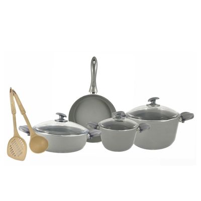 9-Piece Hella Cookware Set - Tempered Glass Lids - 2 Deep Pots - 1 Low Pot - 1 Frypan - 1 Scoop - 1 Spatula - Non-Stick Ceramic Surface - PFOA Free - Grey