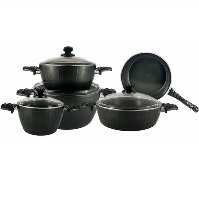 9-Piece Farah Cookware Set - Tempered Glass Lids - 3 Deep Pots - 1 Low Pot - 1 Frypan - Non-Stick Ceramic Surface - PFOA Free - Green