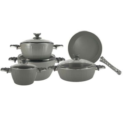 Home Maker 9-Piece Farah Cookware Set - Tempered Glass Lids - 3 Deep Pots - 1 Low Pot - 1 Frypan - Non-Stick Ceramic Surface - PFOA Free - Grey