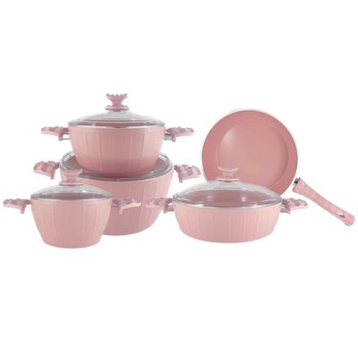 9-Piece Farah Cookware Set - Tempered Glass Lids - 3 Deep Pots - 1 Low Pot - 1 Frypan - Non-Stick Ceramic Surface - PFOA Free - Pink