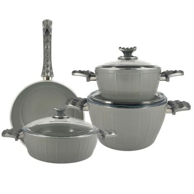 Home Maker 7-Piece Farah Cookware Set - Tempered Glass Lids - 2 Deep Pots - 1 Low Pot - 1 Frypan - Non-Stick Ceramic Surface - PFOA Free - Grey