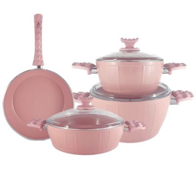 Home Maker 7-Piece Farah Cookware Set - Tempered Glass Lids - 2 Deep Pots - 1 Low Pot - 1 Frypan - Non-Stick Ceramic Surface - PFOA Free - Pink