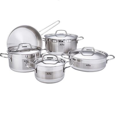 Alfa 9-Piece Alfa Cookware Set - 18/10 Cr-Ni Stainless Steel - 3 Deep Pots - 1 Low Pot - 1 Frypan 