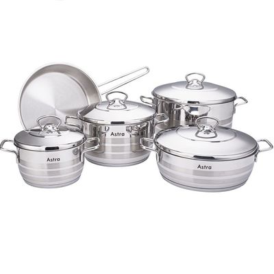 9-Piece Astre Cookware Set - 18/10 Cr-Ni Stainless Steel - 3 Deep Pots - 1 Low Pot - 1 Frypan 