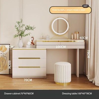 Women's Vanity Table with Mirror, Luxury Dressing Table with LED Mirror and Chair, Retractable Wooden Makeup Desk in White Gold Accents, 2 Drawer Storage Cabinet, Modern Makeup Desk for Bedroom