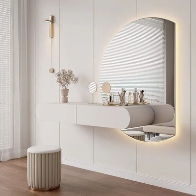 Minimalist Dressing Table with Mirror and Stool, Modern-Style Wall Mounted Vanity Table with Round Mirror Built in Lightning, Two Storage Drawers for Girl's Women's Bedroom