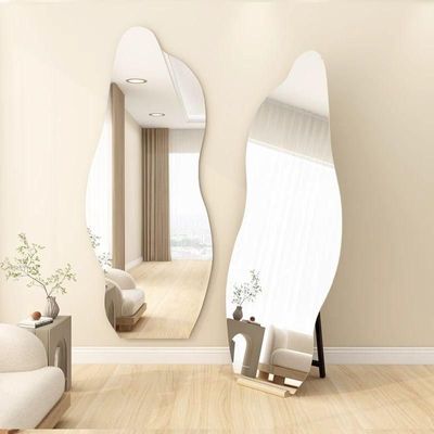 Irregular Frameless LED Mirror Asymmetrical Vanity Mirror with Wooden Stand Frameless Decorative Full-Length Mirror with LED Lights Backlit Frameless Aesthetic Mirror Cloud Shaped for Bedroom