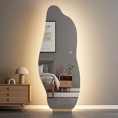 Irregular Frameless LED Mirror Asymmetrical Vanity Mirror with Wooden Stand Frameless Decorative Full-Length Mirror with LED Lights Backlit Frameless Aesthetic Mirror Cloud Shaped for Bedroom