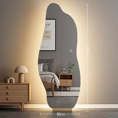 Irregular Frameless LED Mirror Asymmetrical Vanity Mirror with Wooden Stand Frameless Decorative Full-Length Mirror with LED Lights Backlit Frameless Aesthetic Mirror Cloud Shaped for Bedroom