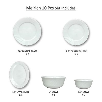 Melrich 10 Pcs Opalware Dinner Set 3 Dinner Plate, 3 Dessert Plate, 2 Bowl, 1 Serving Bowl, 1 Serving Plate Dishwasher Microwave Safe Heat Scratch Resistance