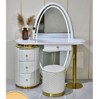 AWD Luxury Vanity Table Dressing Table with Mirror and Stool, Quilted Stool 3-Drawers Storage Cabinet Makeup Desk with Full Length Oval LED Mirror Perfect for Women's Vanity Make up Bedroom Dresser - White