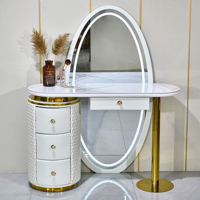 AWD Luxury Vanity Table Dressing Table with Mirror and Stool, Quilted Stool 3-Drawers Storage Cabinet Makeup Desk with Full Length Oval LED Mirror Perfect for Women's Vanity Make up Bedroom Dresser - White