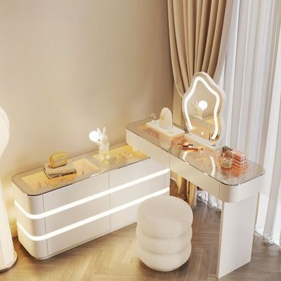 AWD Dressing Table with Mirror and Chair Vanity Table Illuminated Storage Dresser Cloud Mirror Shape Makeup Table with Adjustable and Large Drawers Cabinet for Bedroom Dressing Room -Double Drawers - White