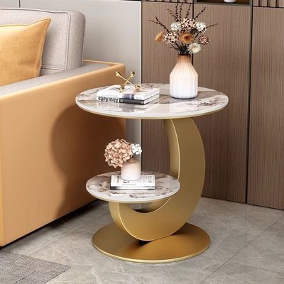 AWD Living Room Side Table, End Table, 2-tier Round Side Table, Sofa Side Table Corner Table S-shaped Coffee Table Slate Marble Top, Metal Gold Base Living room, Bedroom, Balcony, Small Spaces Table